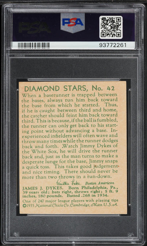 1935 Diamond Stars BB Card # 42 Jimmy Dykes Chicago White Sox PSA 5 EX (MGD2)