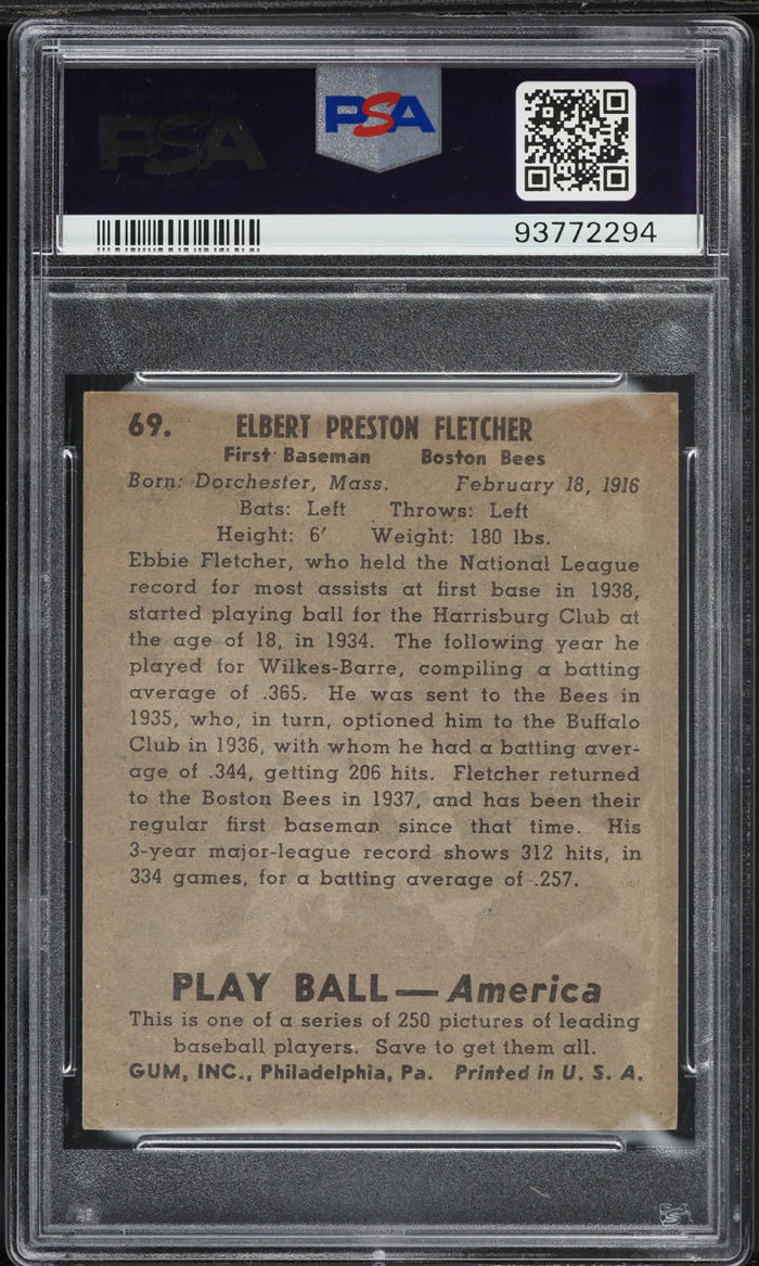 1939 Play Ball BB Card # 69 Elbie Fletcher Boston Bees ROOKIE RC PSA 6 EXMT (MGD2)