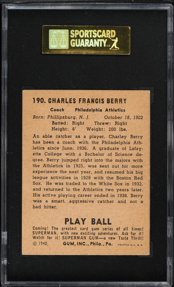 1940 Play Ball BB Card #190 Charley Berry Philadelphia Athletics HOF SGC 5 EX (MGD2)