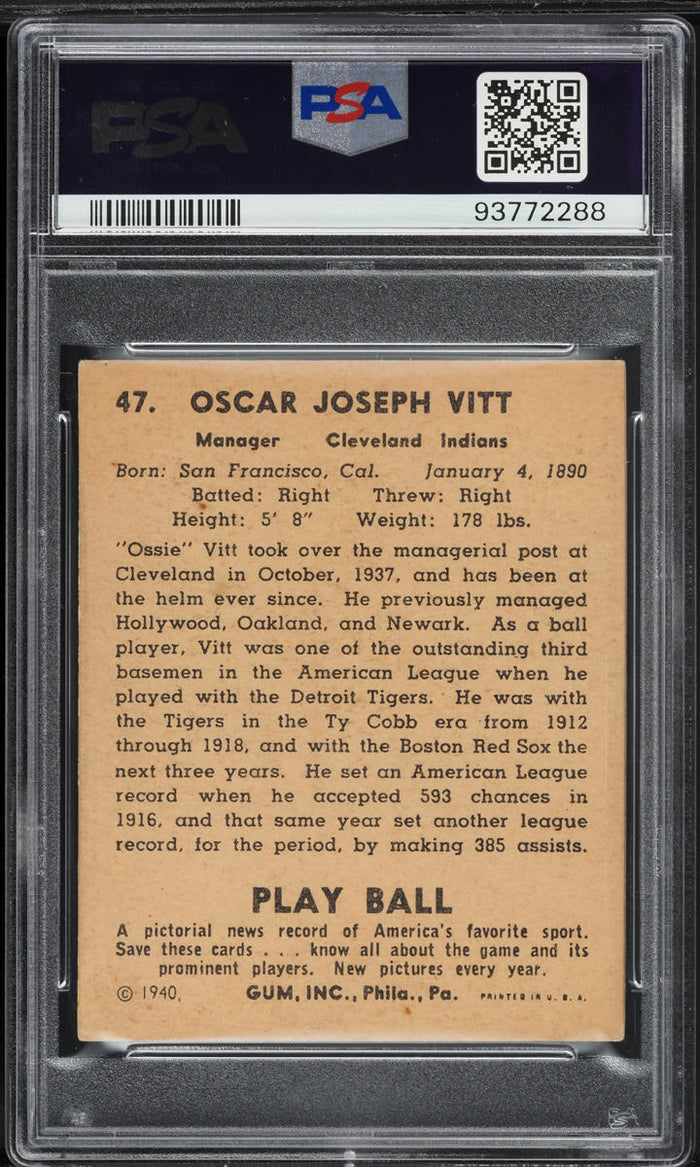 1940 Play Ball BB Card # 47 Oscar Vitt Cleveland Indians PSA 5 EX (MGD2)