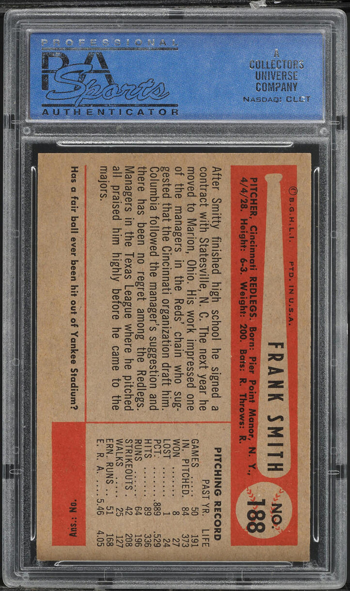 1954 Bowman BB Card #188 Frank Smith Cincinnati Redlegs PSA 8 NM-MT (MGD2)