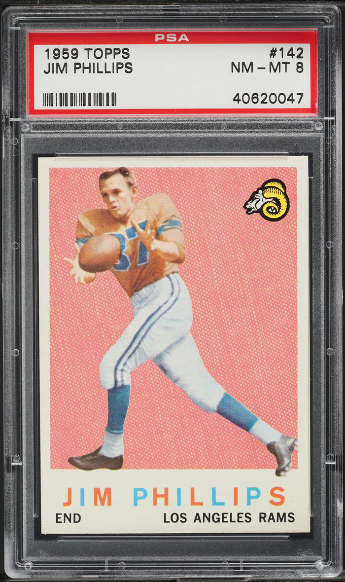 1959 Topps FB Card #142 Jim Phillips Los Angeles Rams ROOKIE RC PSA 8 NM-MT (MGD2)