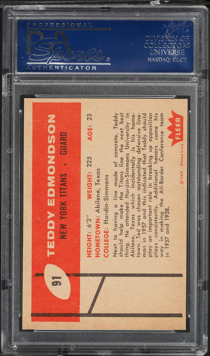 1960 Fleer FB Card # 91 Teddy Edmondson New York Titans ROOKIE RC PSA 8 NM-MT (MGD2)