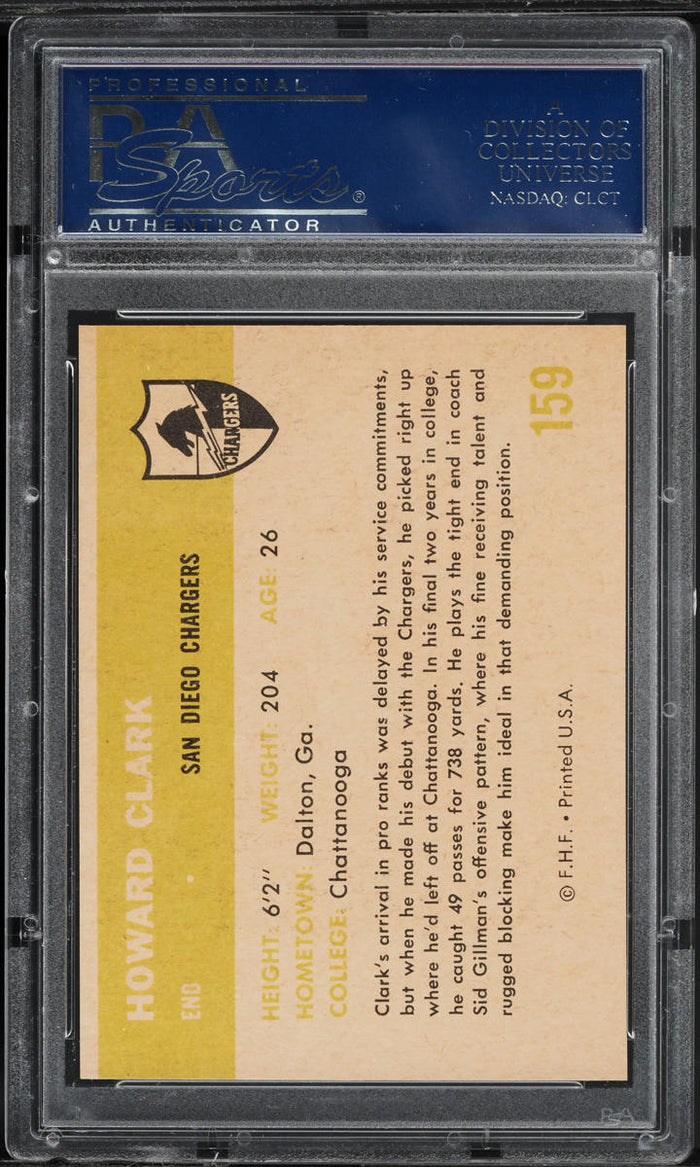 1961 Fleer FB Card #159 Howard Clark San Diego Chargers ROOKIE RC PSA 8 NM-MT (MGD2)
