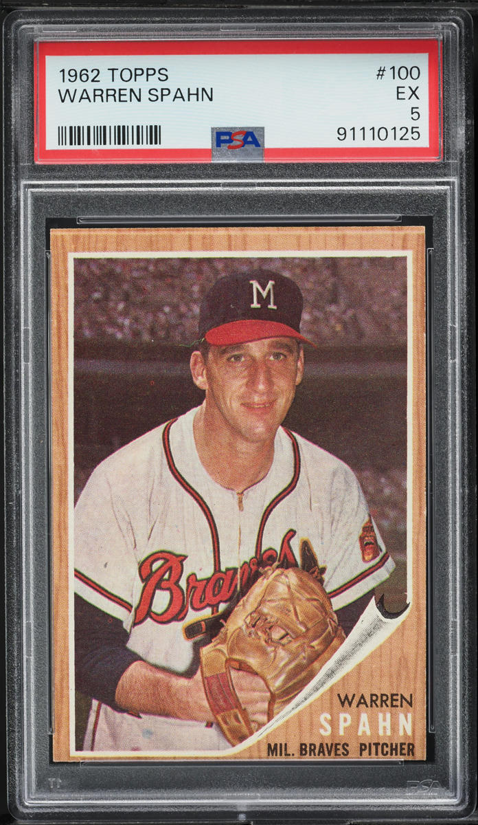 1962 Topps BB Card #100 Warren Spahn Milwaukee Braves HOF PSA 5 EX (MGD2)