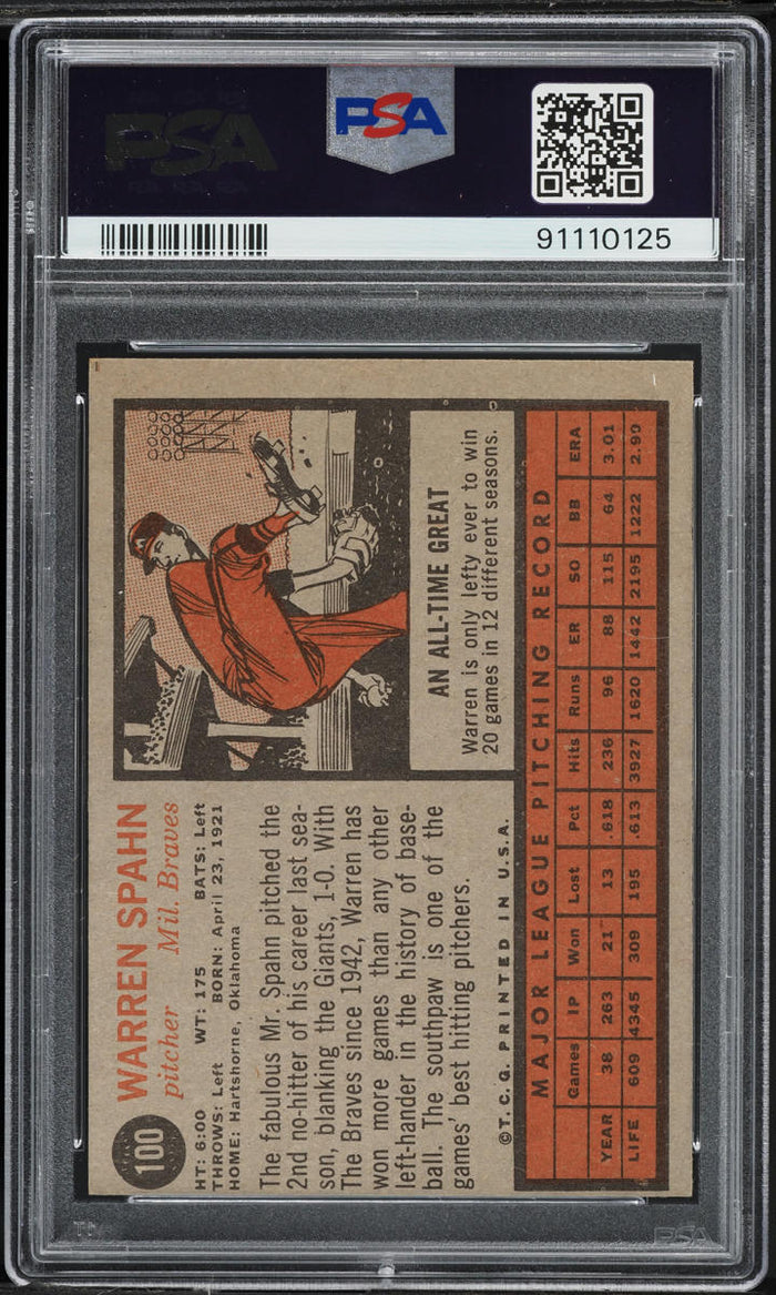 1962 Topps BB Card #100 Warren Spahn Milwaukee Braves HOF PSA 5 EX (MGD2)