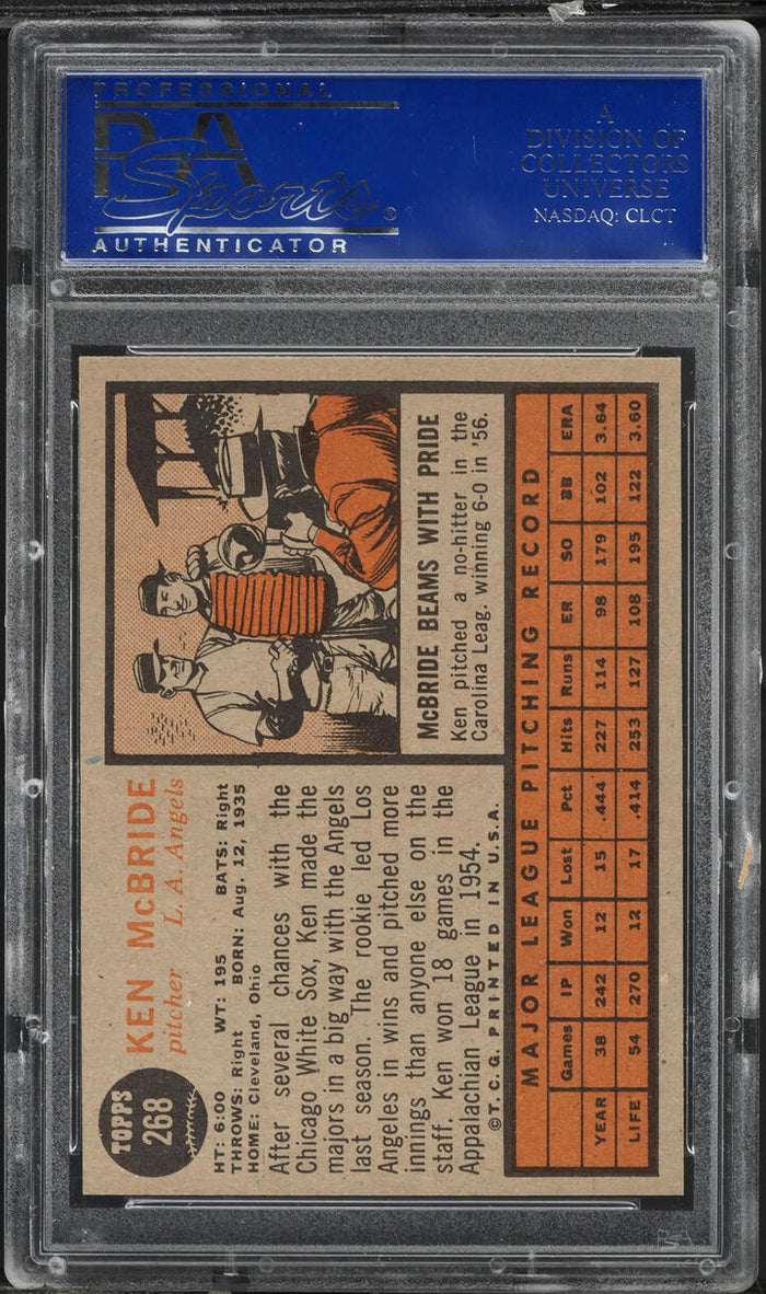 1962 Topps BB Card #268 Ken McBride Los Angeles Angels PSA 7 NRMT (MGD2)