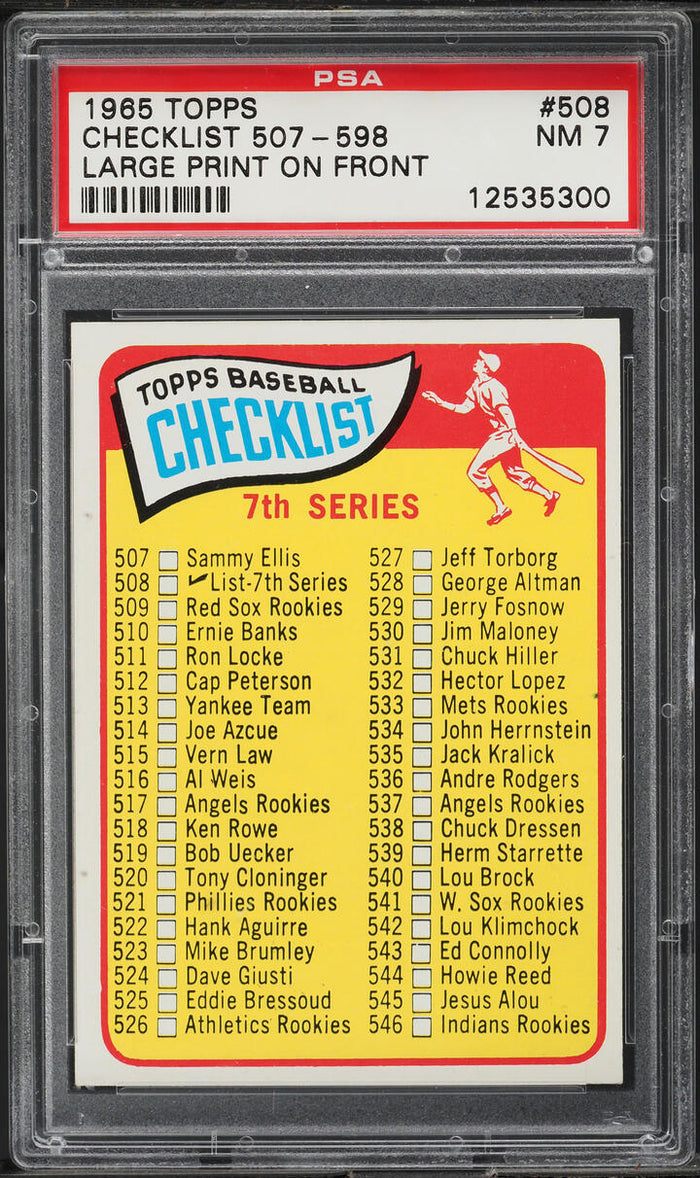 1965 Topps BB Card #508 Checklist 507-598 LARGE PRINT ON FRONT PSA 7 NRMT (MGD2)