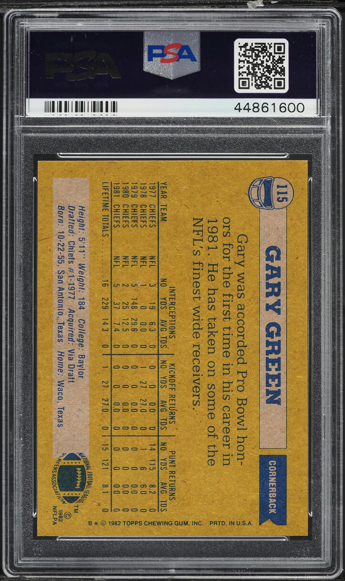 1982 Topps FB Card #115 Gary Green Kansas City Chiefs HOF PSA 9 MINT (MGD2)