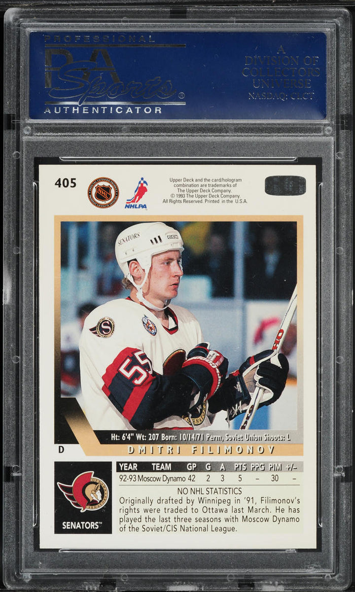 1993 Upper Deck Hockey Card #405 Dmitri Filimonov Ottawa Senators PSA 10 (MGD2)