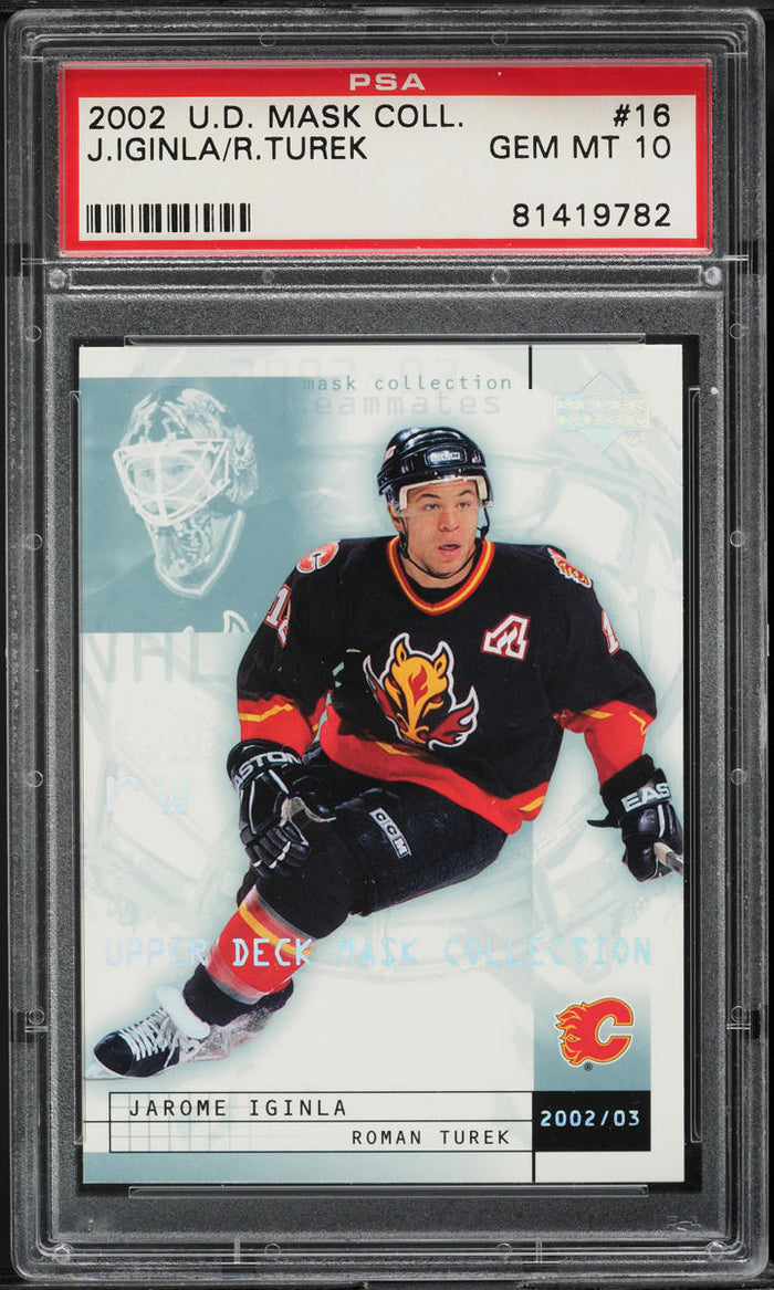 2002 Upper Deck Hockey Card # 16 Jarome Iginla Roman Turek MASKS PSA 10 GEM MINT (MGD2)