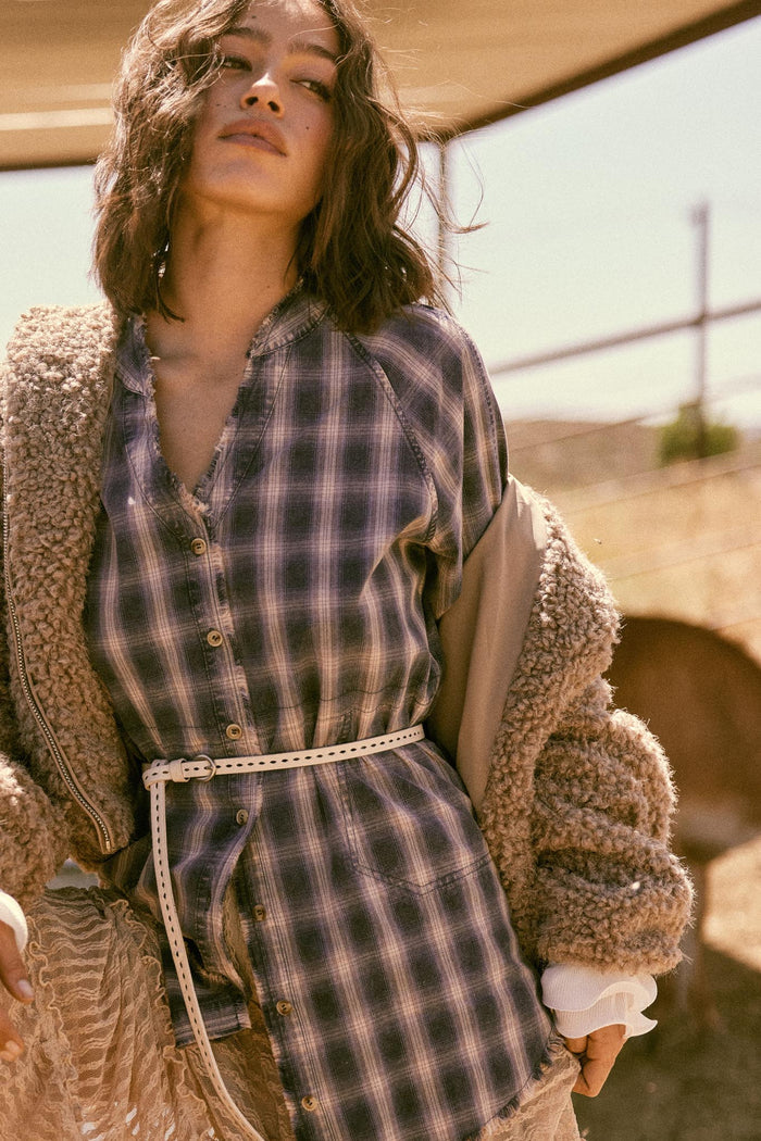 Back Roads Plaid Flannel Raw-Edge Mini Shirt Dress - ShopPromesa