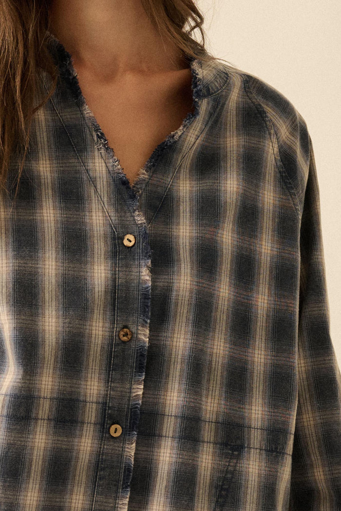 Back Roads Plaid Flannel Raw-Edge Mini Shirt Dress - ShopPromesa