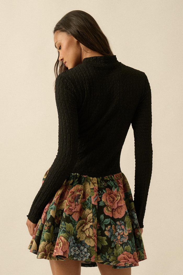 Blooming Brocade Knit and Floral Tapestry Mini Dress - ShopPromesa