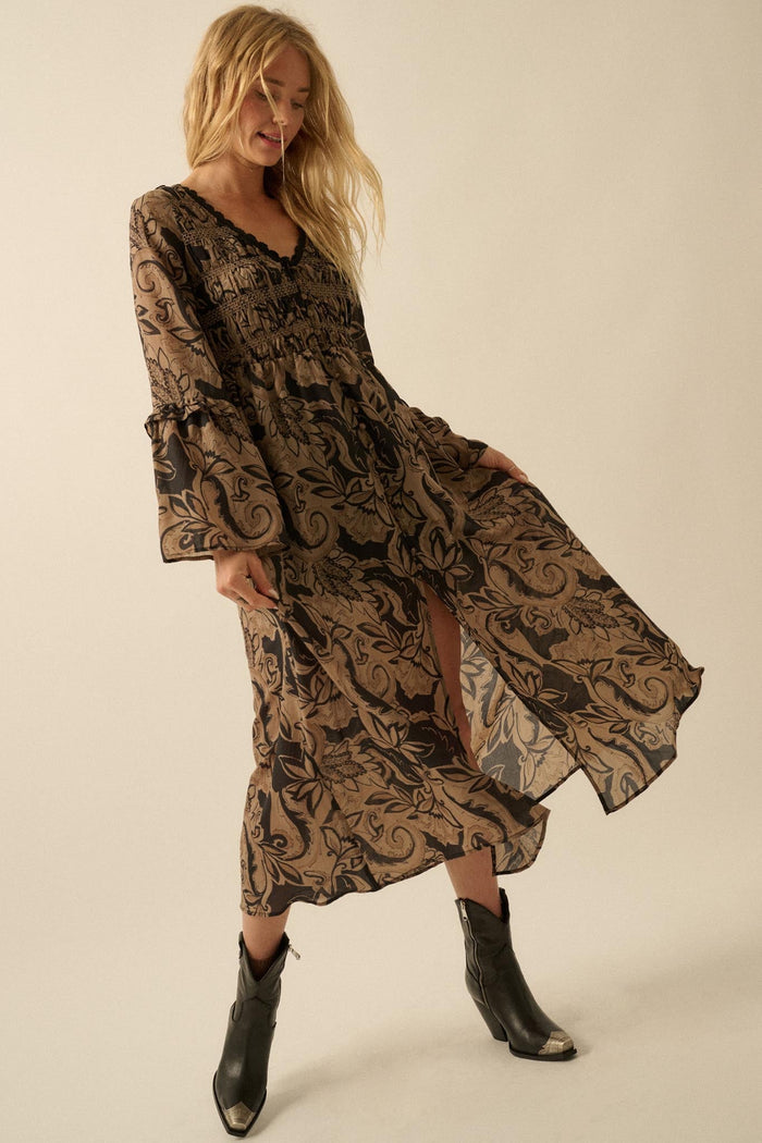 Blooming Opulence Floral Bell-Sleeve Midi Dress - ShopPromesa