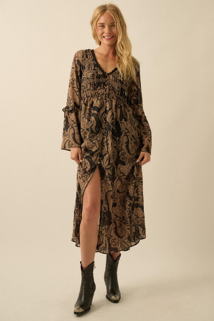 Blooming Opulence Floral Bell-Sleeve Midi Dress - ShopPromesa