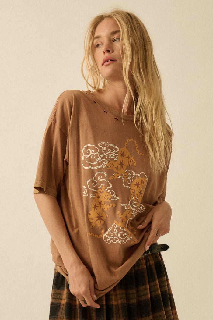 Celestial Tigers Distressed Oversize Graphic Tee - ShopPromesa