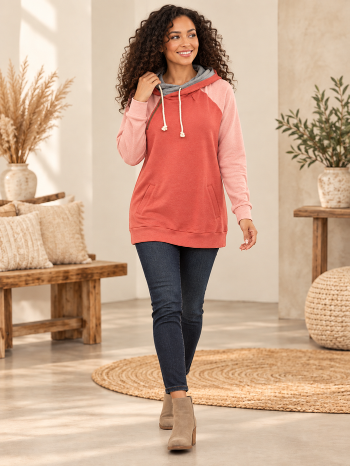 Coral Color Block Double Hoodie - Ampersand Avenue