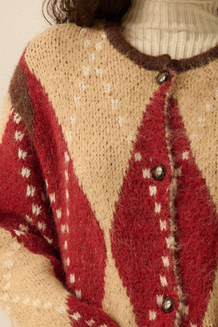 Cross Country Fuzzy-Knit Argyle Pocket Cardigan - ShopPromesa