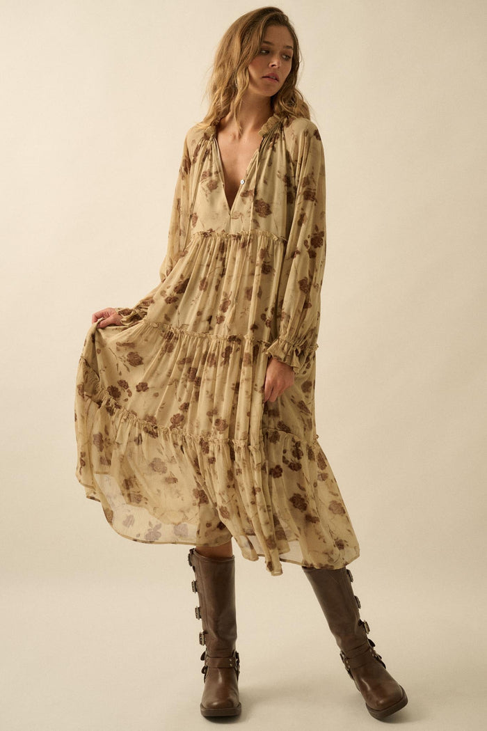 Faded Flowers Tiered Floral Midi Prairie Dress - ShopPromesa