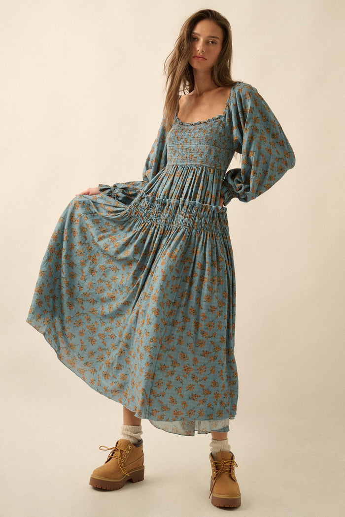 Field Day Floral Plaid Smocked Midi Peasant Dress - ShopPromesa