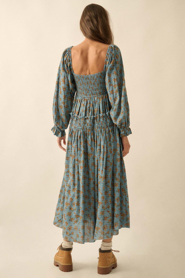 Field Day Floral Plaid Smocked Midi Peasant Dress - ShopPromesa