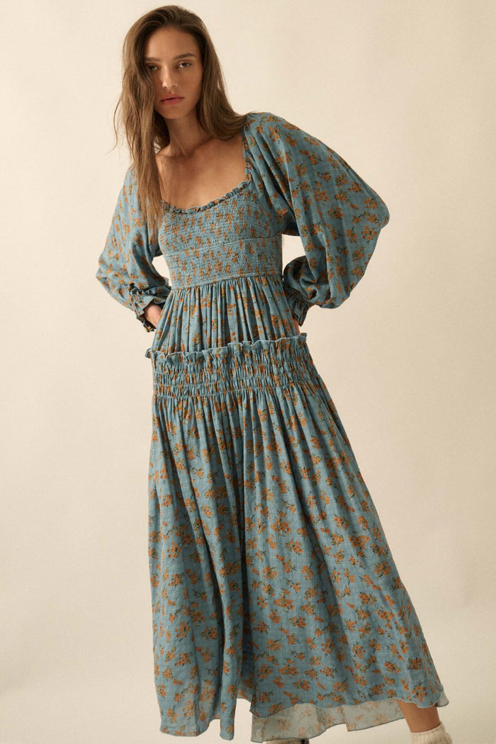 Field Day Floral Plaid Smocked Midi Peasant Dress - ShopPromesa