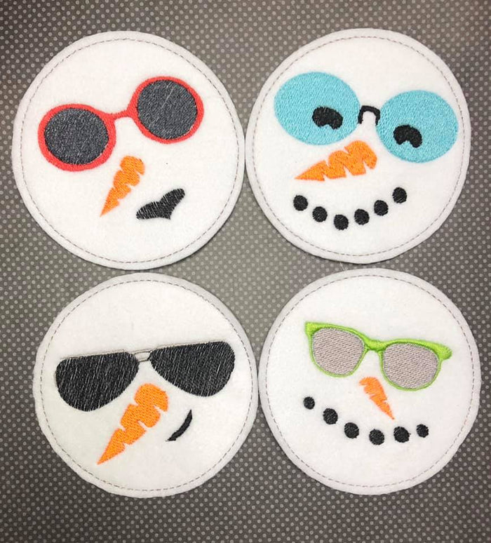 ITH Digital Embroidery Pattern for set of 4 Cool Snowman Coasters, 4X4 Hoop