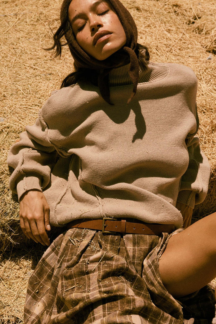 Me Time Paneled Exposed-Seam Mock-Neck Sweater - ShopPromesa