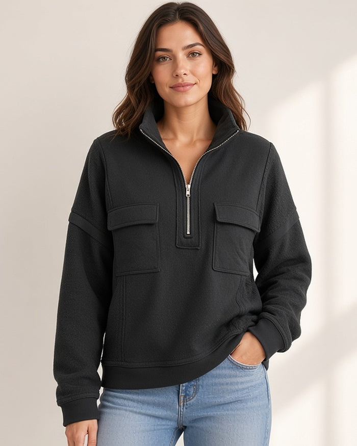 Model wearing black half-zip pullover - front