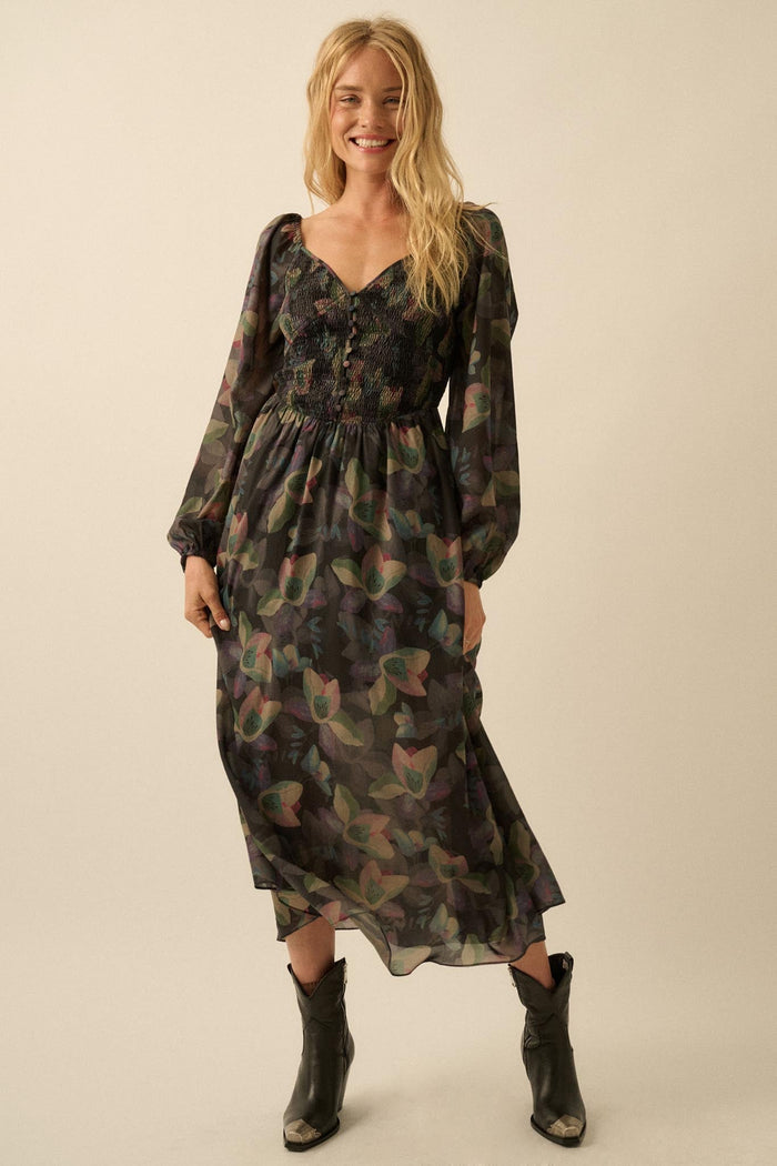 Moody Blooms Smocked Floral Midi Peasant Dress - ShopPromesa