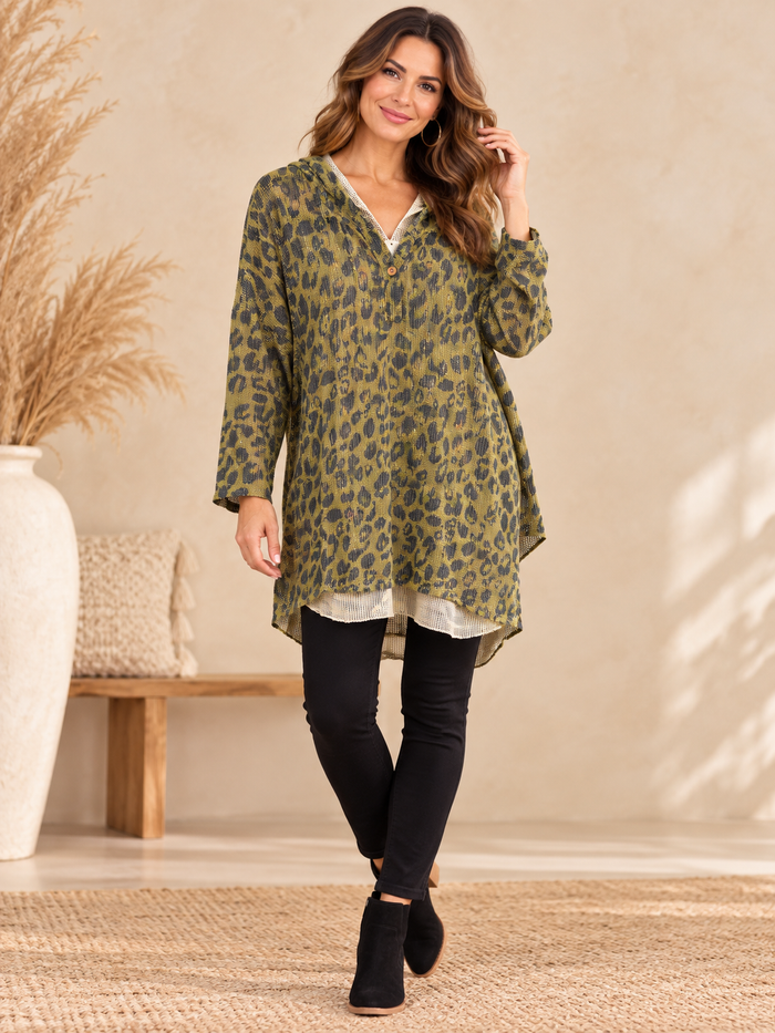 Olive Leopard Mesh-Trim Hoodie Tunic - I Love Linen