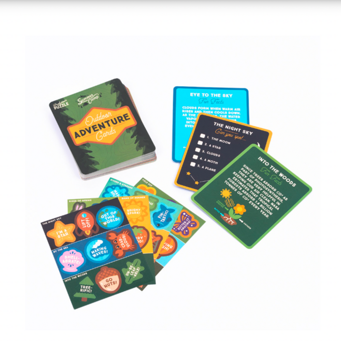 Set of outdoor adventure activity cards by Professor Puzzle, featuring colorful game designs for active outdoor fun.