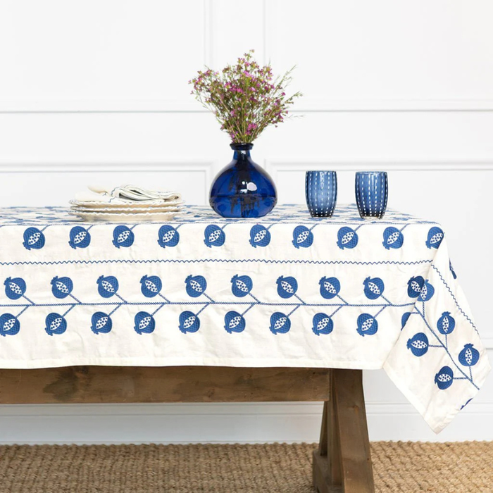 Pomegranate Crewel Blue Tablecloth - Becket Hitch