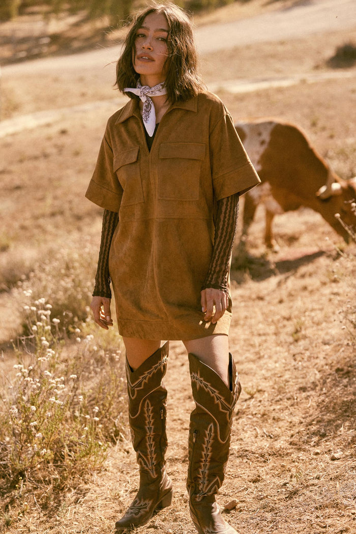 Soft Option Vegan Suede Mini Tunic Shirt Dress - ShopPromesa