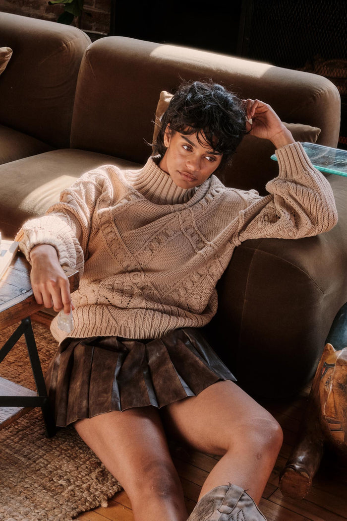 Twist Ending Oversize Cable Knit Mock-Neck Sweater - ShopPromesa
