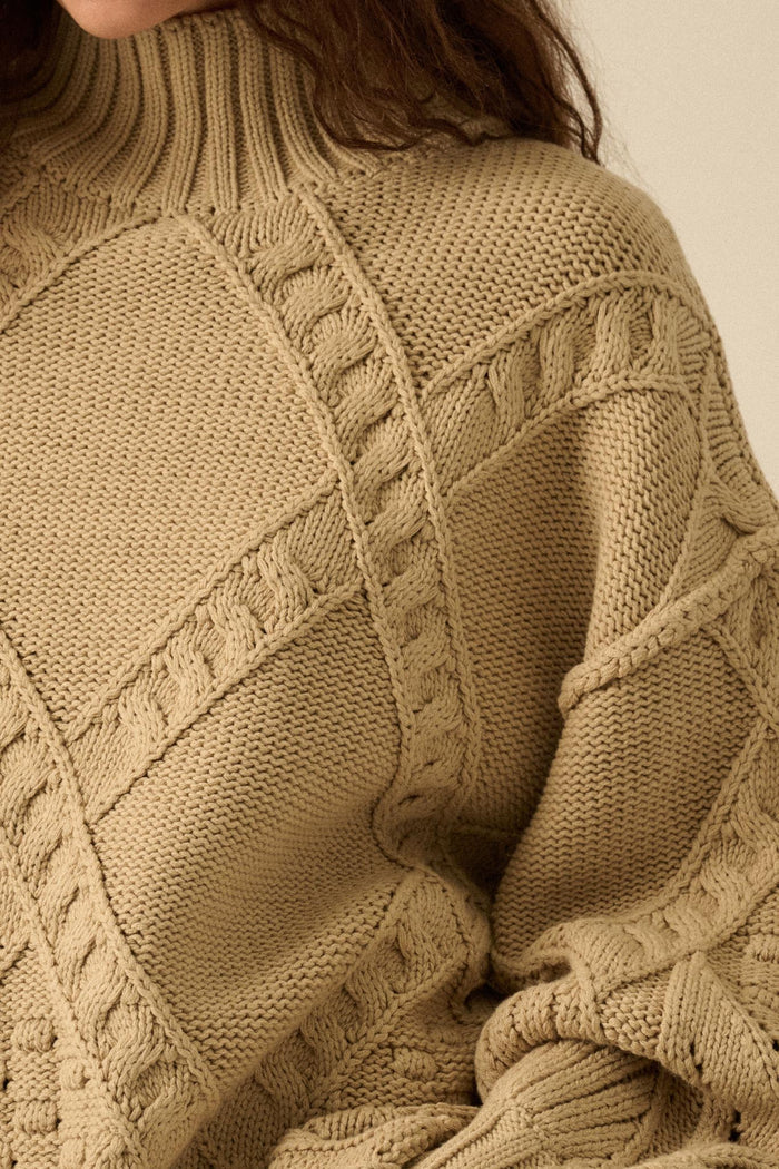 Twist Ending Oversize Cable Knit Mock-Neck Sweater - ShopPromesa