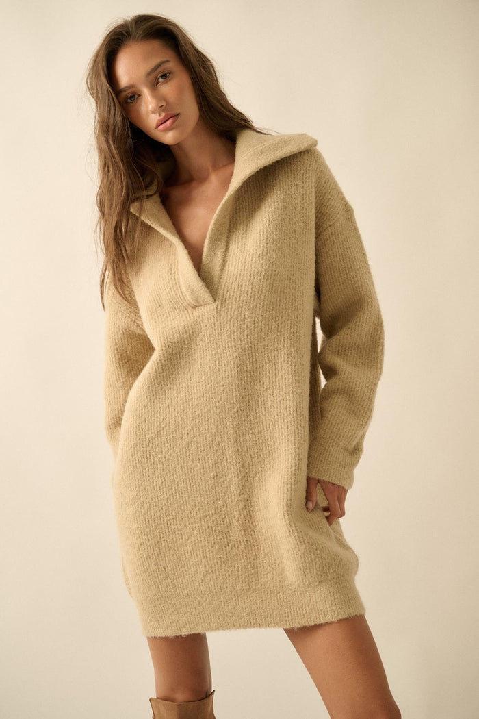 Warm Welcome Collared Split-Neck Mini Sweater Dress - ShopPromesa